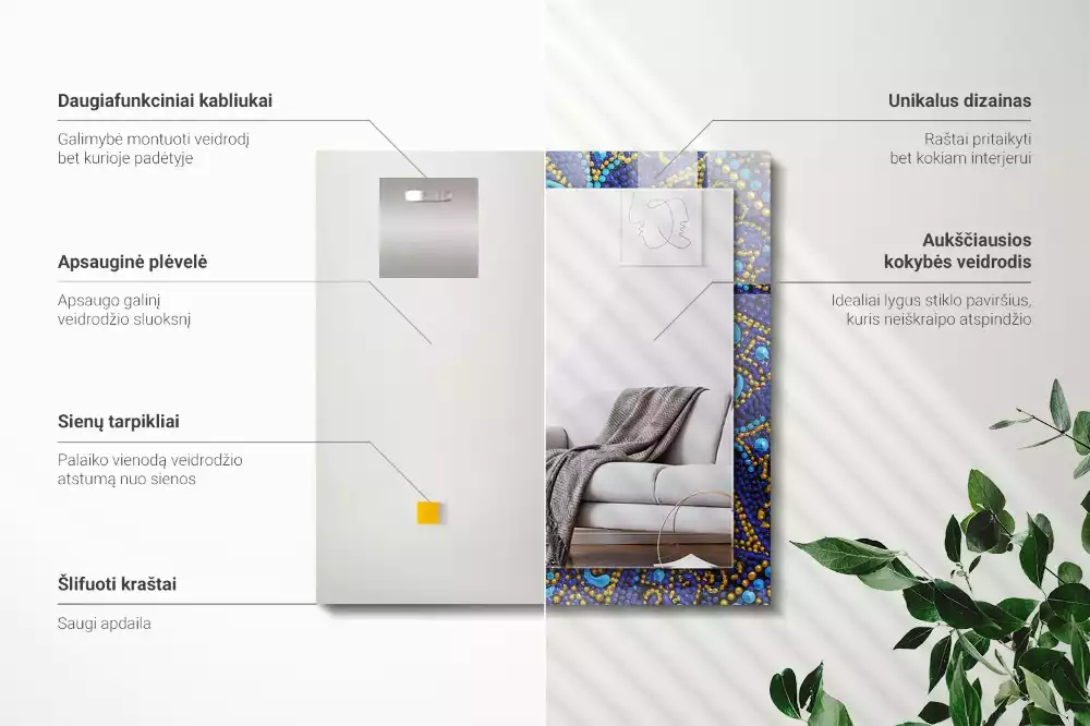 Oglindă decorativă de perete dreptunghiulară cu model mandala punctată albastră