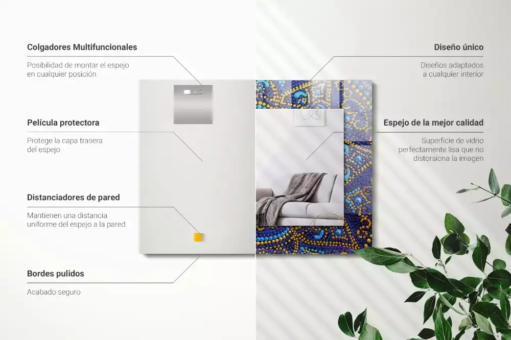 Oglindă decorativă de perete dreptunghiulară cu model mandala punctată albastră