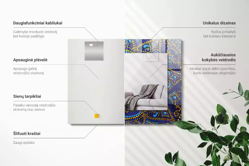Oglindă decorativă de perete dreptunghiulară cu model mandala punctată albastră