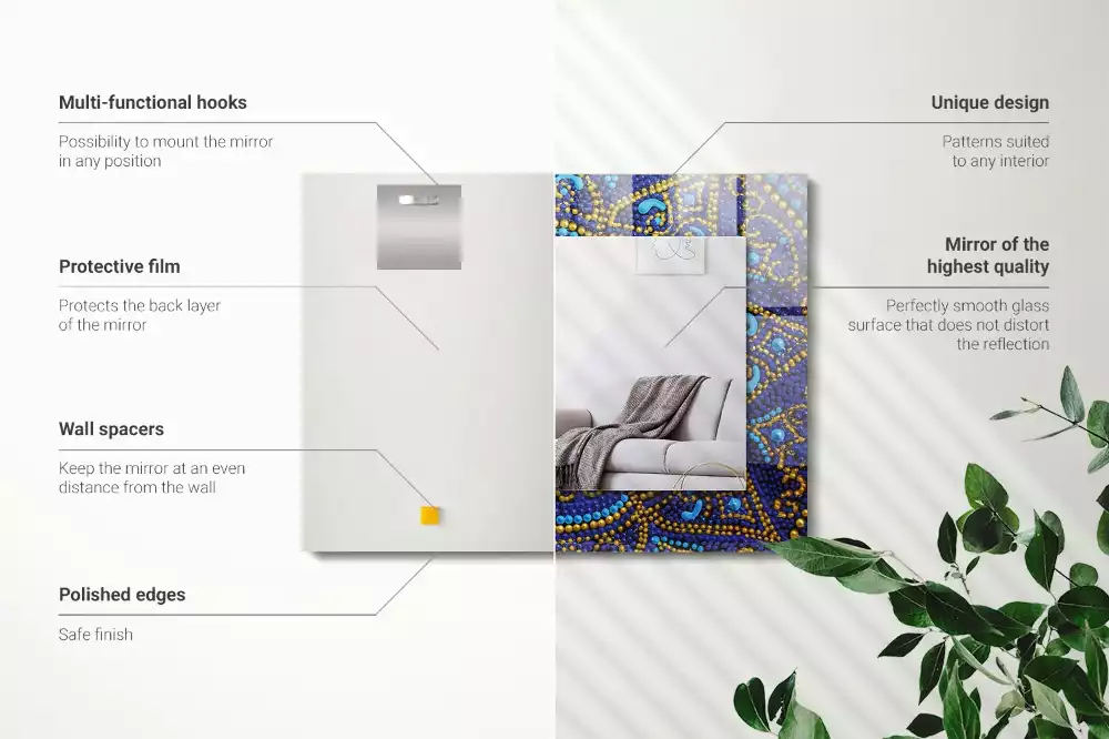 Oglindă decorativă de perete dreptunghiulară cu model mandala punctată albastră