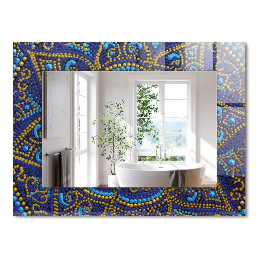 Oglindă decorativă de perete dreptunghiulară cu model mandala punctată albastră