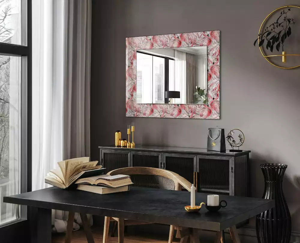 Oglindă dreptunghiulară cu imprimeu flamingo roz