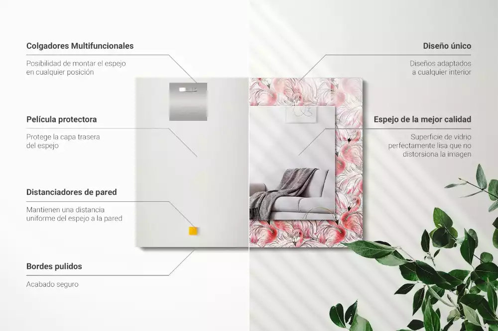 Oglindă dreptunghiulară cu imprimeu flamingo roz