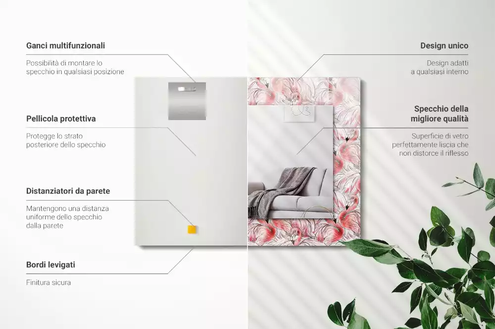 Oglindă dreptunghiulară cu imprimeu flamingo roz