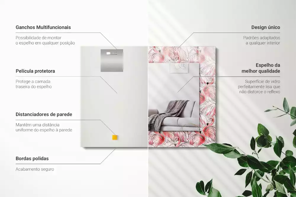 Oglindă dreptunghiulară cu imprimeu flamingo roz