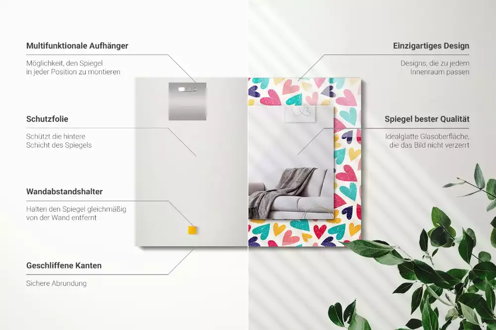 Oglindă dreptunghiulară cu decor în formă de inimă colorată