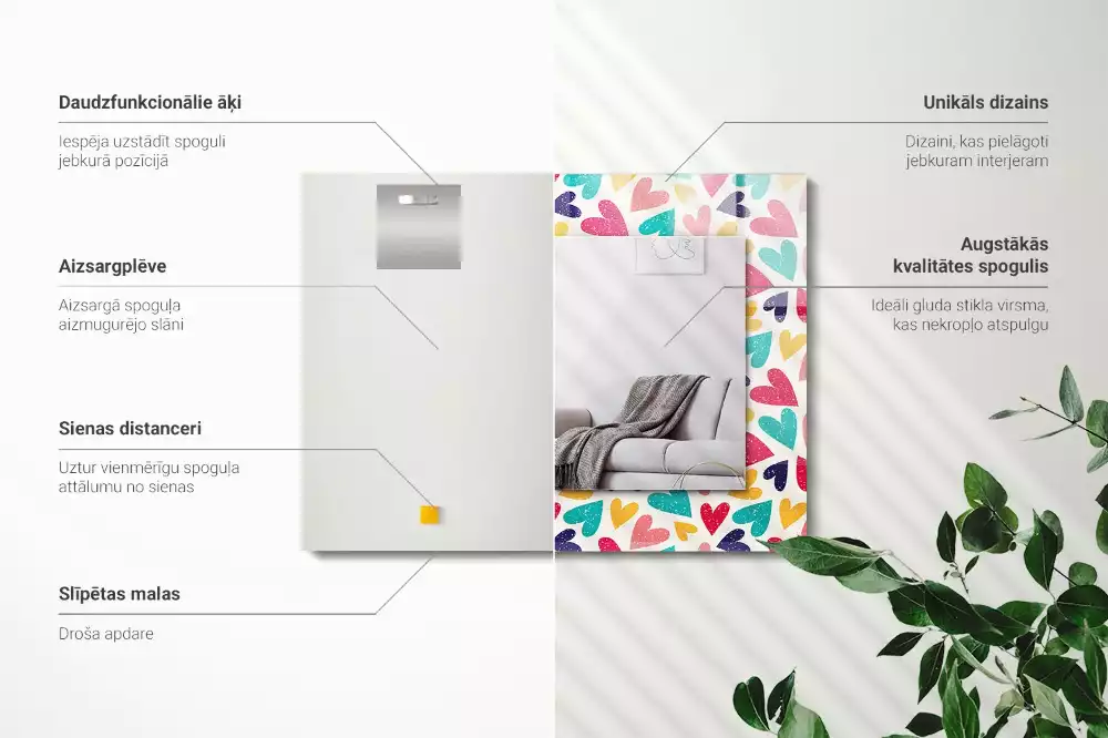 Oglindă dreptunghiulară cu decor în formă de inimă colorată
