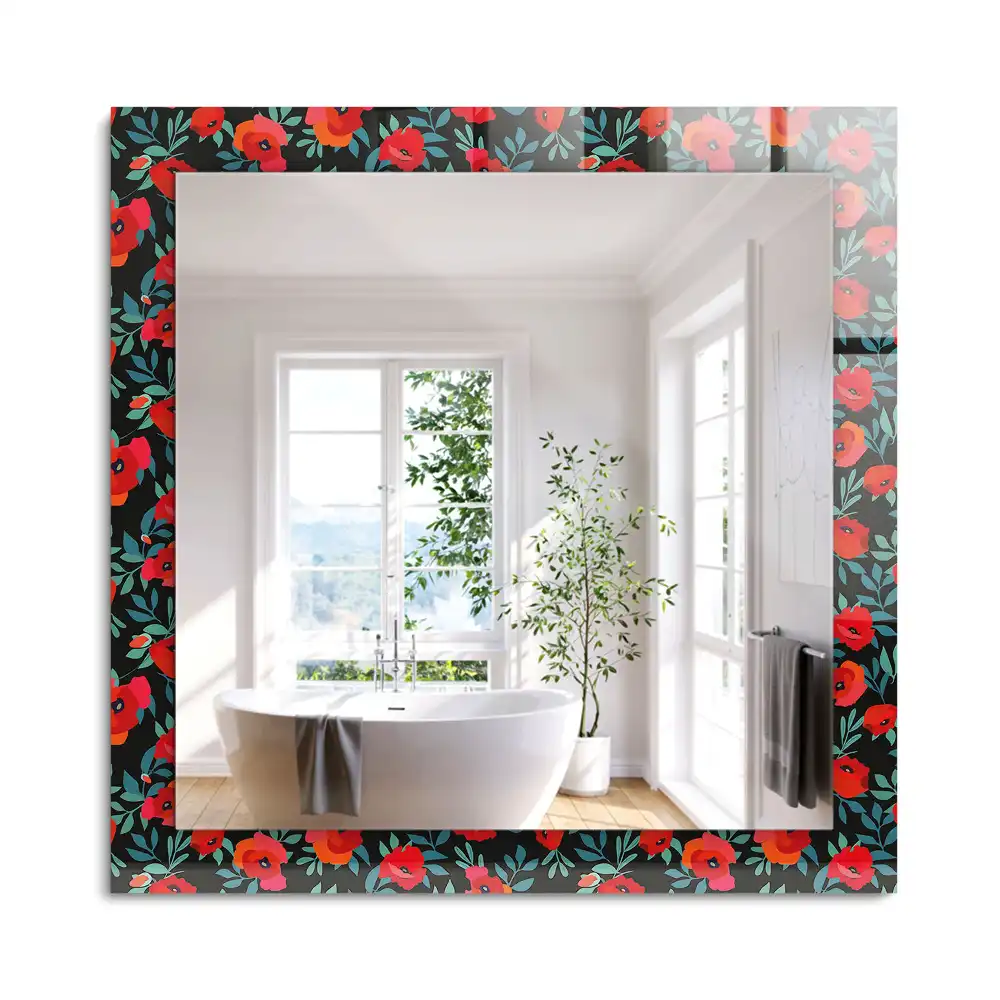 Oglindă decorativă de perete dreptunghiulară cu flori de mac