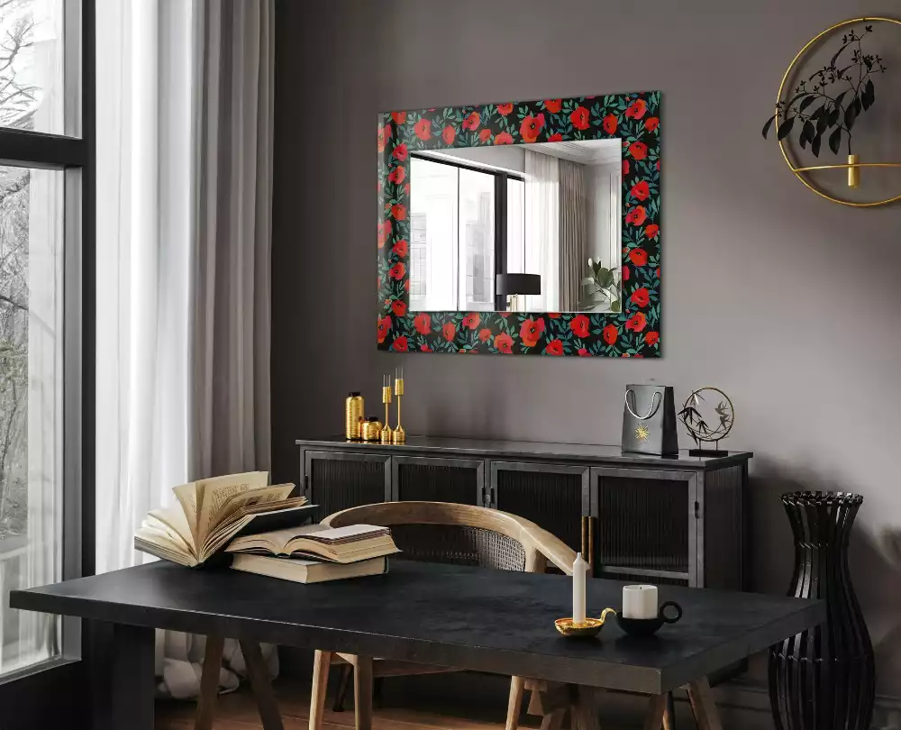Oglindă decorativă de perete dreptunghiulară cu flori de mac