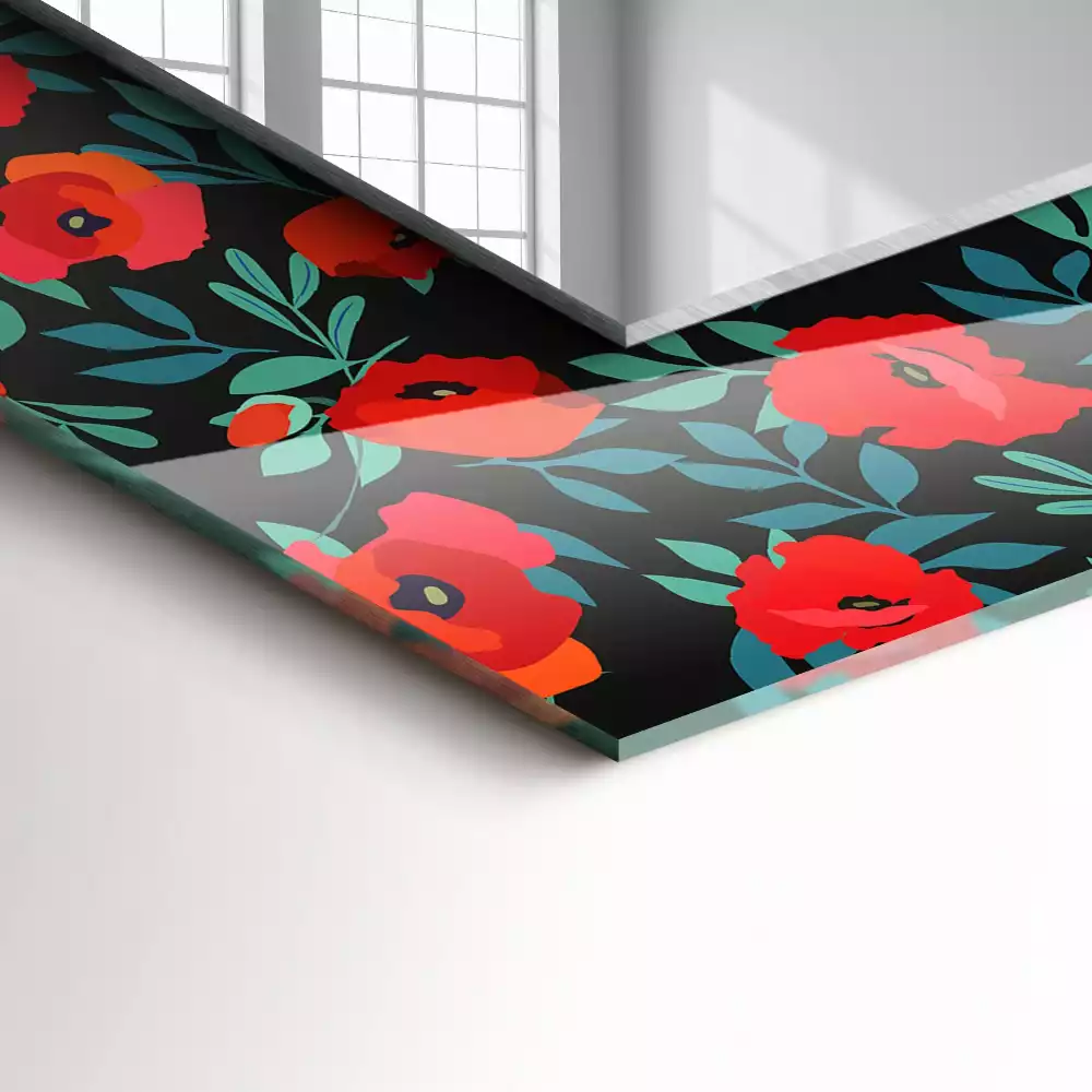 Oglindă decorativă de perete dreptunghiulară cu flori de mac