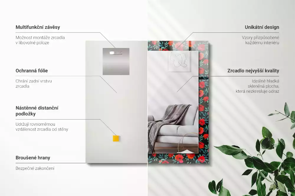 Oglindă decorativă de perete dreptunghiulară cu flori de mac
