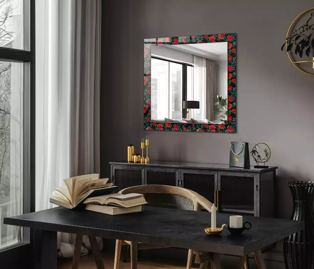 Oglindă decorativă de perete dreptunghiulară cu flori de mac