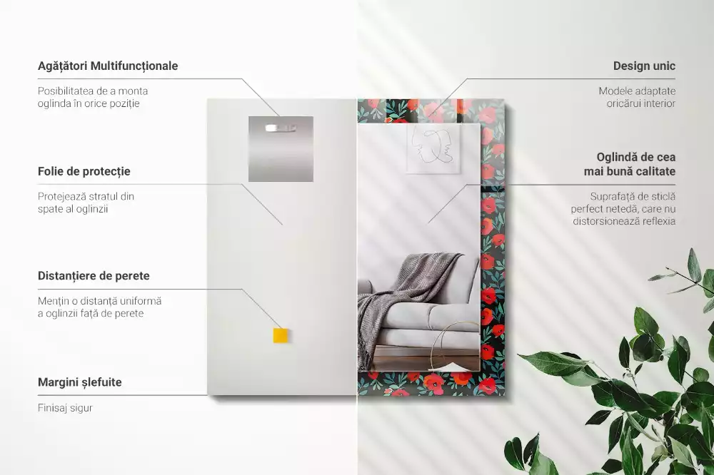 Oglindă decorativă de perete dreptunghiulară cu flori de mac