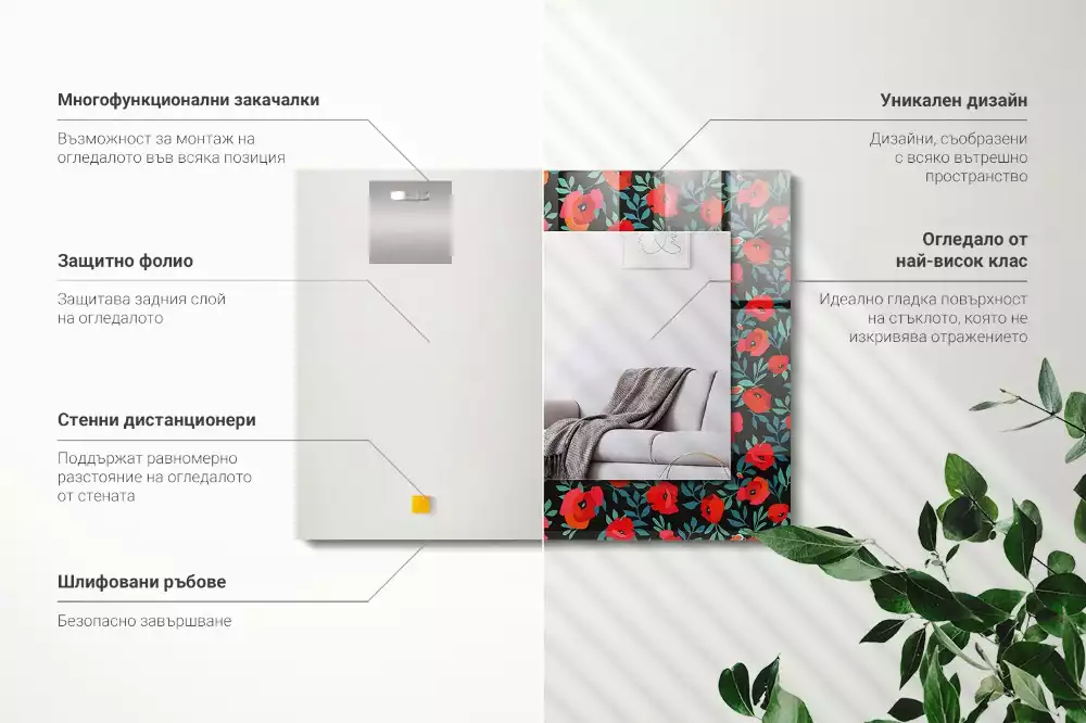 Oglindă decorativă de perete dreptunghiulară cu flori de mac