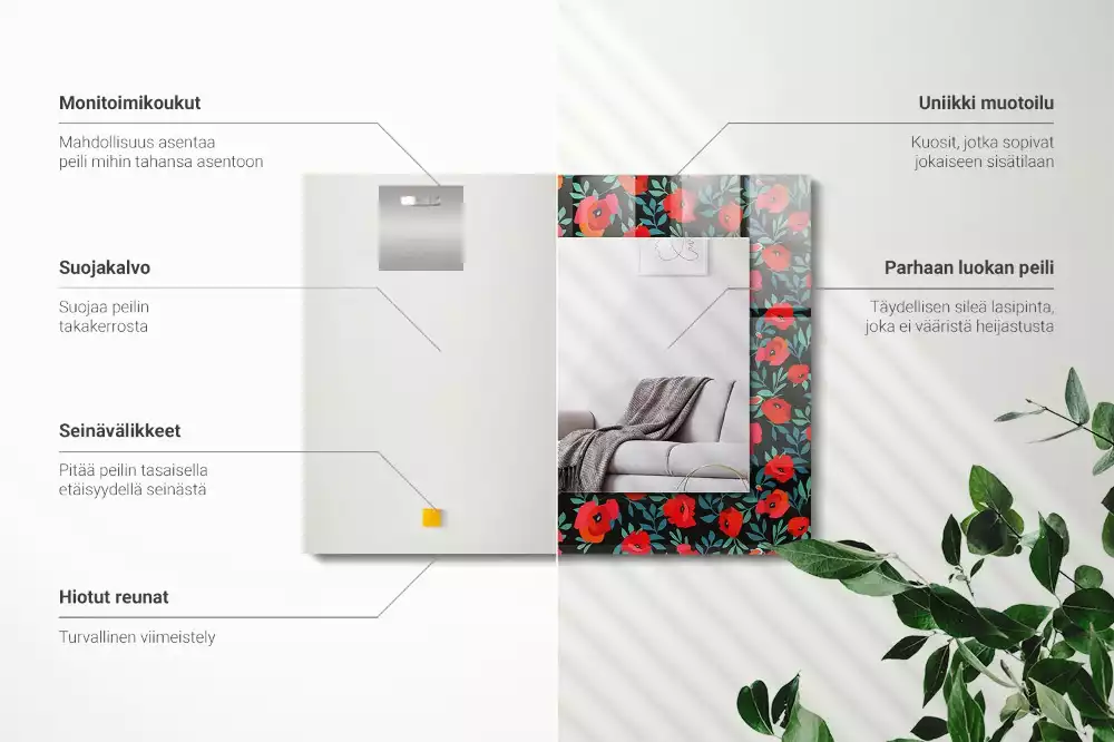 Oglindă decorativă de perete dreptunghiulară cu flori de mac