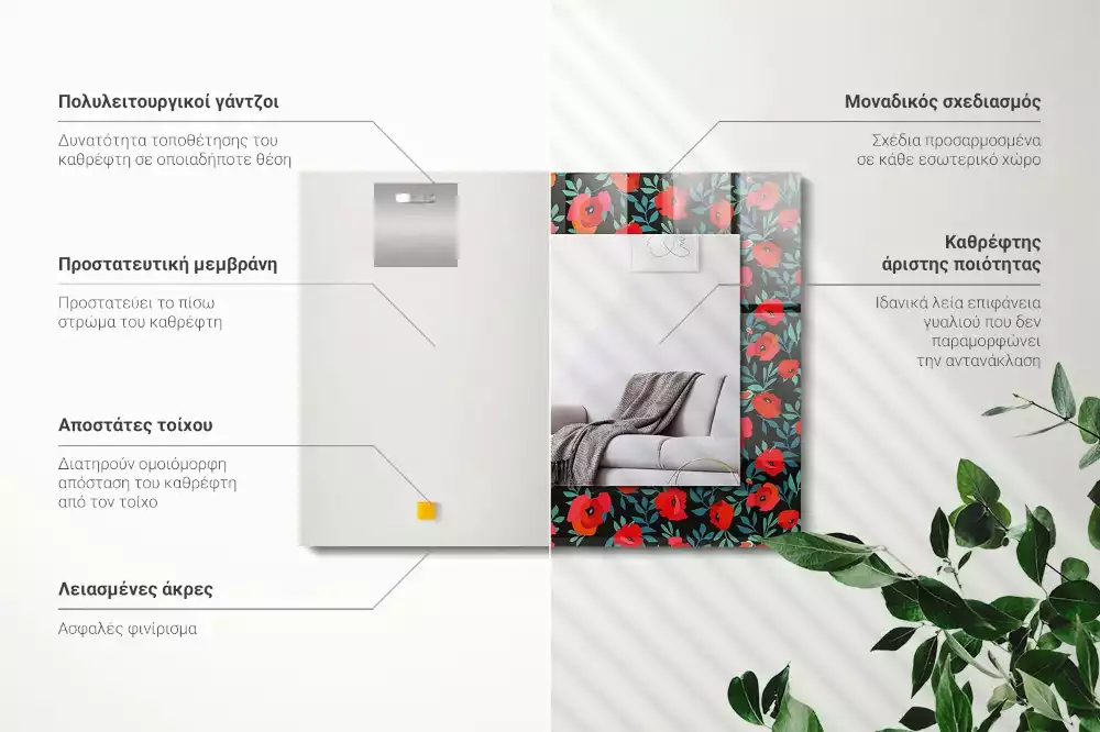 Oglindă decorativă de perete dreptunghiulară cu flori de mac