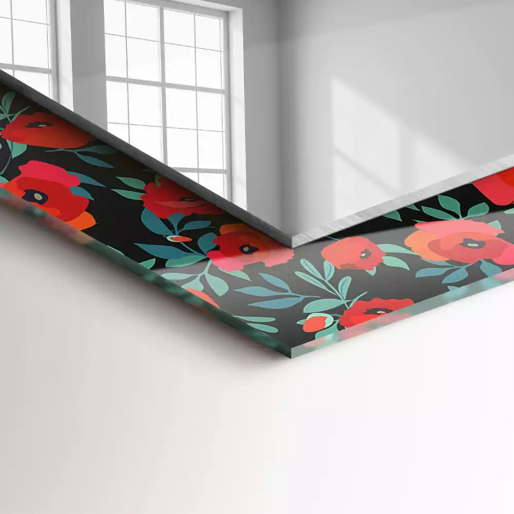Oglindă decorativă de perete dreptunghiulară cu flori de mac