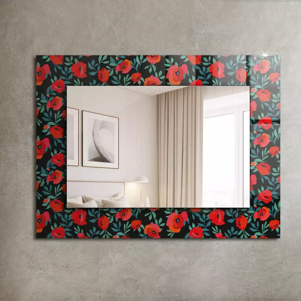 Oglindă decorativă de perete dreptunghiulară cu flori de mac