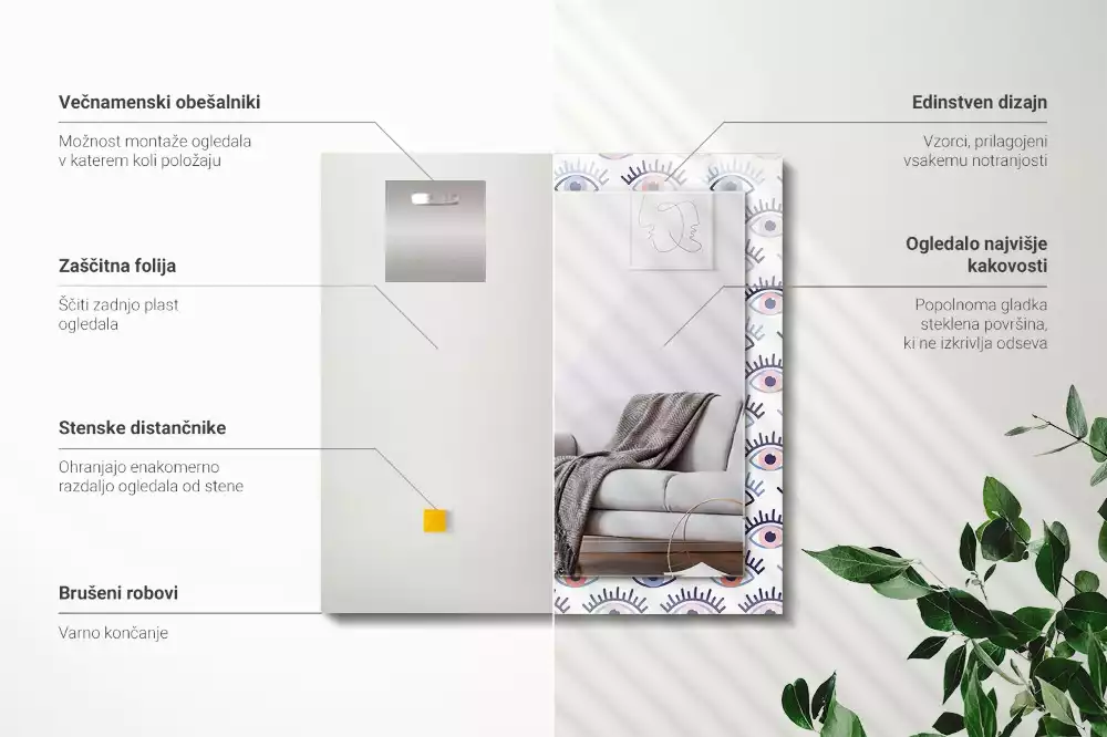 Oglindă dreptunghiulară cu ramă imprimată cu model ochi