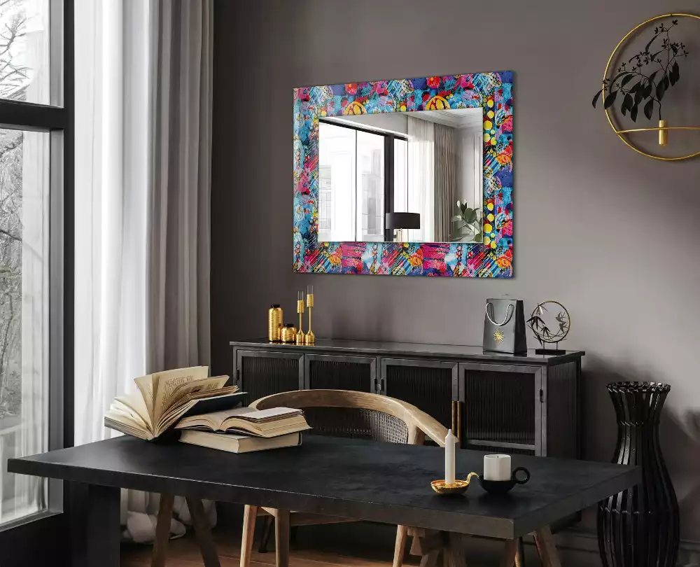 Oglindă decorativă dreptunghiulară cu model abstract colorat