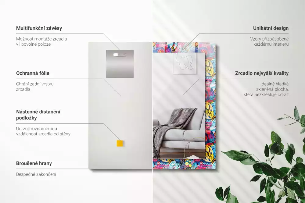 Oglindă decorativă dreptunghiulară cu model abstract colorat