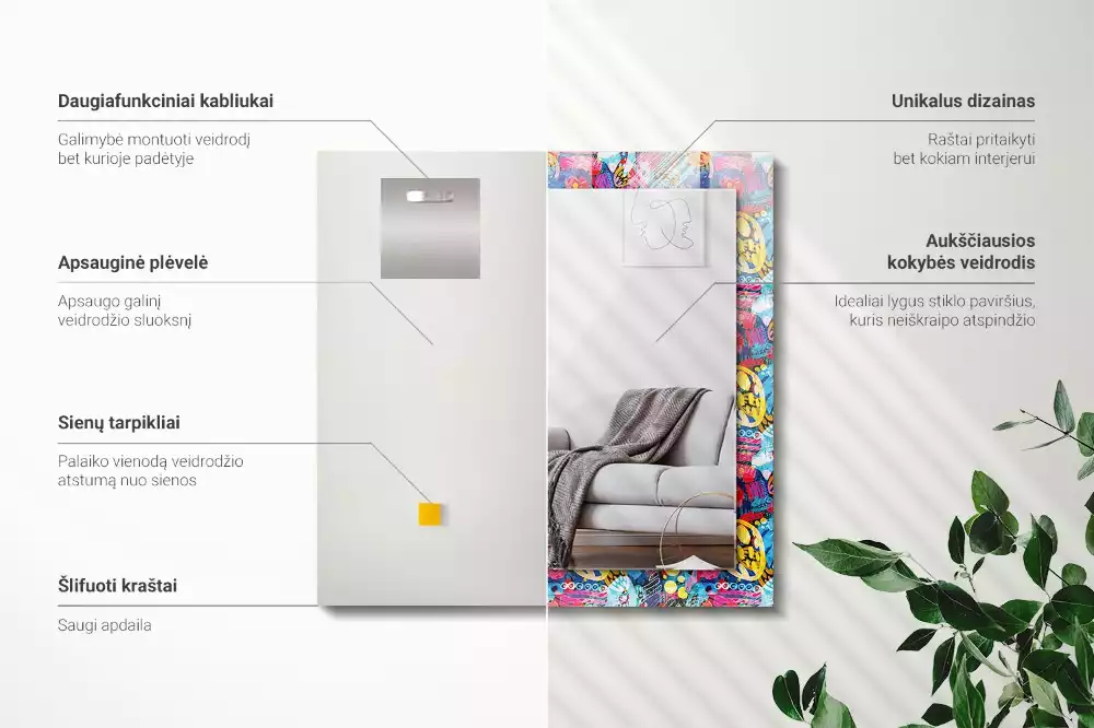 Oglindă decorativă dreptunghiulară cu model abstract colorat