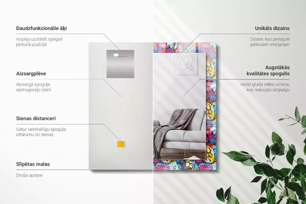 Oglindă decorativă dreptunghiulară cu model abstract colorat