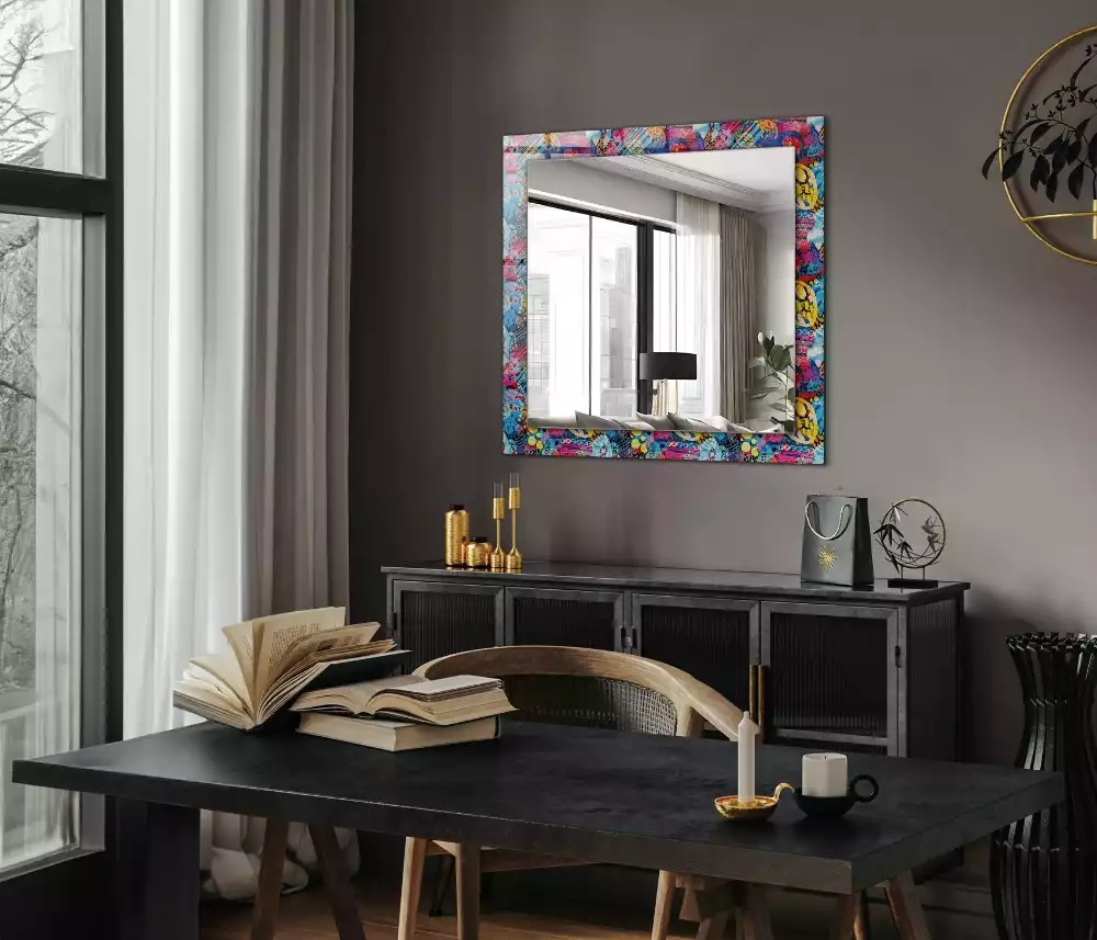 Oglindă decorativă dreptunghiulară cu model abstract colorat
