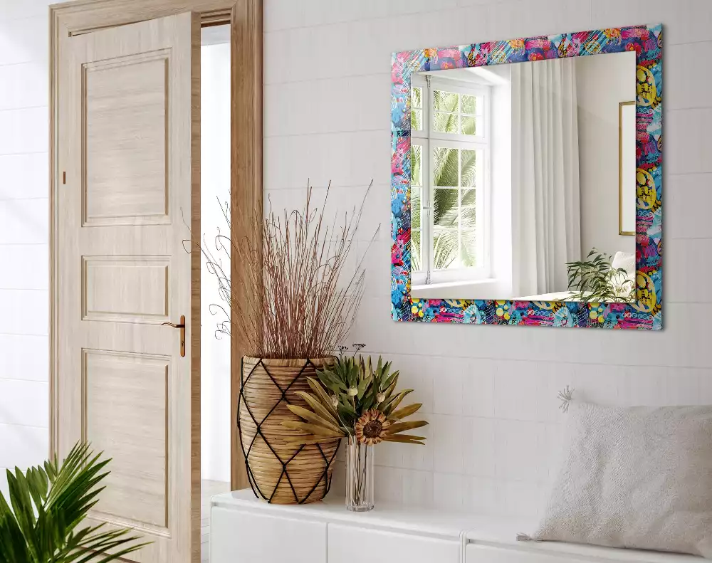 Oglindă decorativă dreptunghiulară cu model abstract colorat