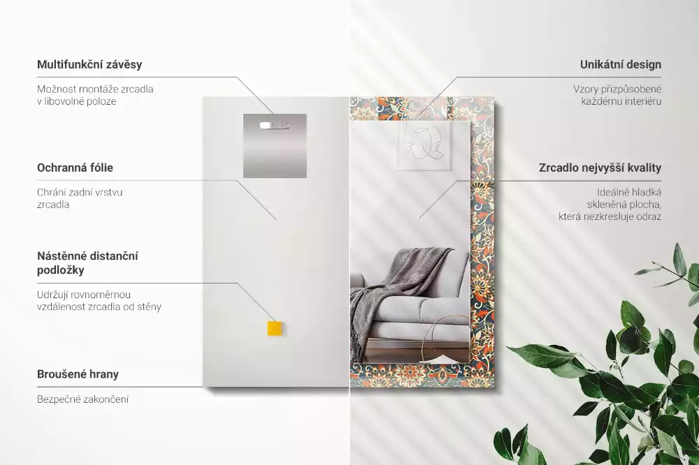 Oglindă dreptunghiulară cu imprimeu floral tip tapet