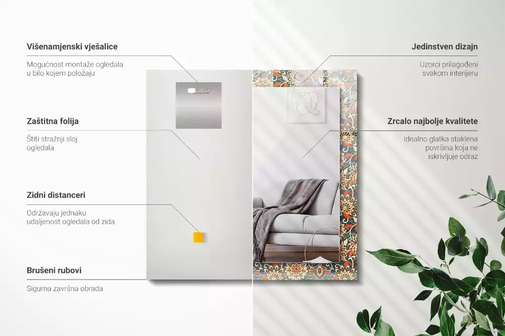 Oglindă dreptunghiulară cu imprimeu floral tip tapet