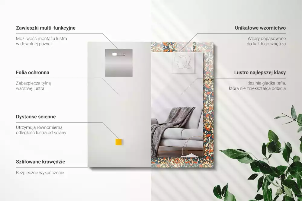 Oglindă dreptunghiulară cu imprimeu floral tip tapet