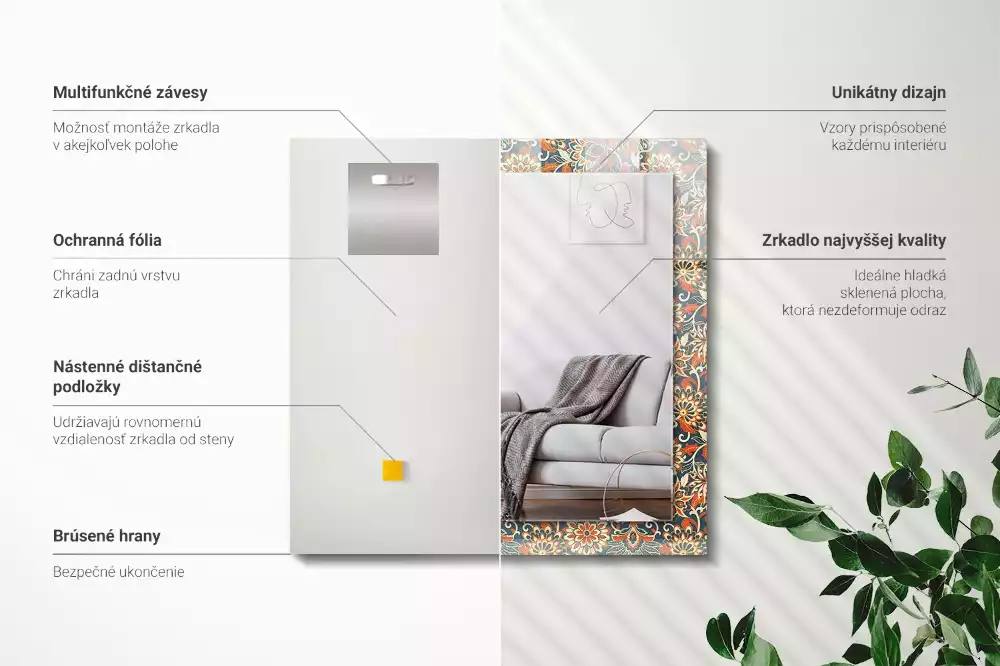 Oglindă dreptunghiulară cu imprimeu floral tip tapet