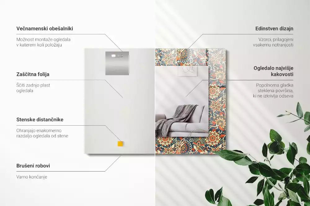 Oglindă dreptunghiulară cu imprimeu floral tip tapet