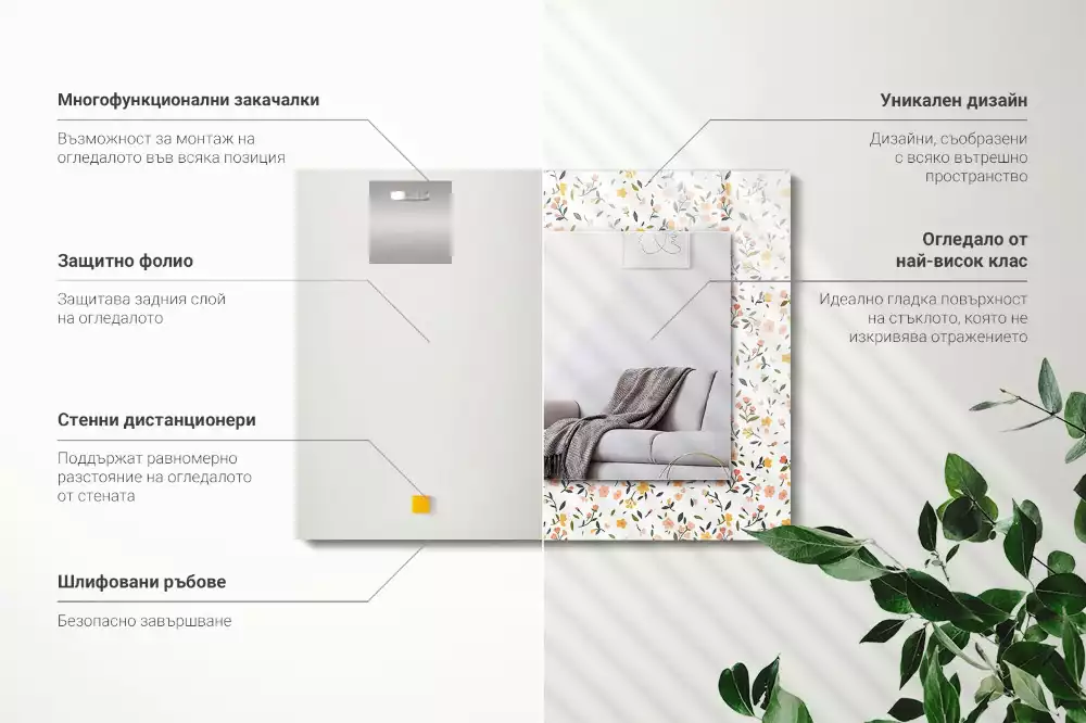 Oglindă dreptunghiulară cu ramă îmbrăcată în țesătură cu imprimeu floral