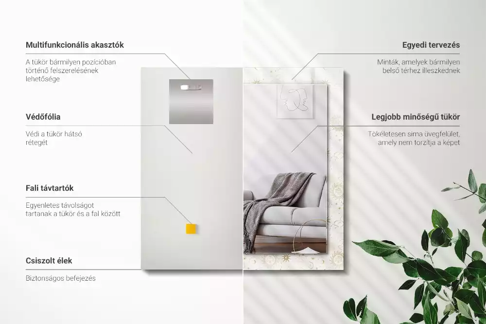 Oglindă dreptunghiulară cu ramă decorată cu soare, lună și stele