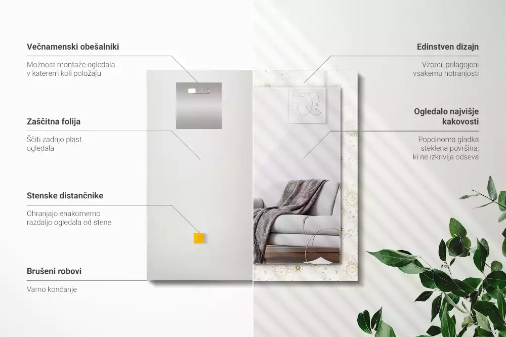 Oglindă dreptunghiulară cu ramă decorată cu soare, lună și stele