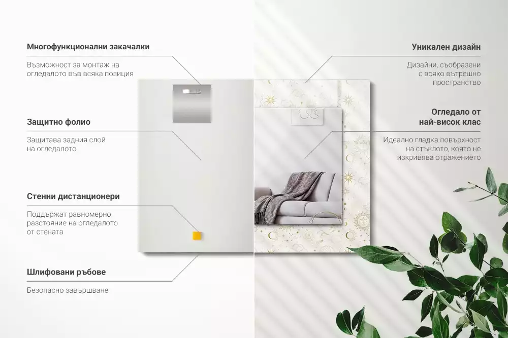 Oglindă dreptunghiulară cu ramă decorată cu soare, lună și stele