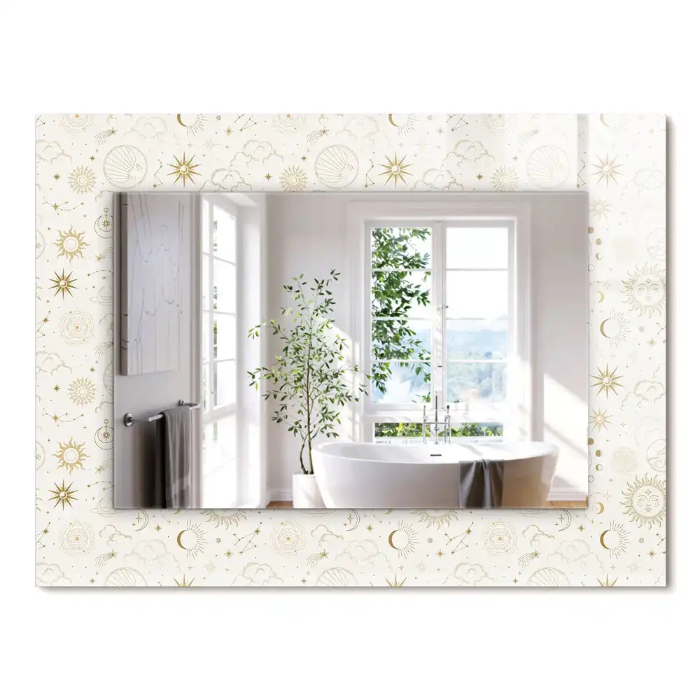 Oglindă dreptunghiulară cu ramă decorată cu soare, lună și stele