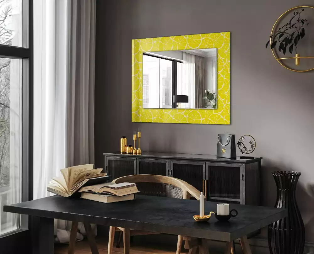 Oglindă dreptunghiulară decorativă de perete cu model felii de lămâie