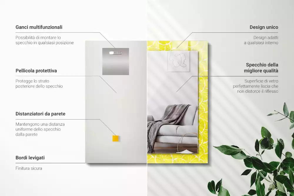 Oglindă dreptunghiulară decorativă de perete cu model felii de lămâie
