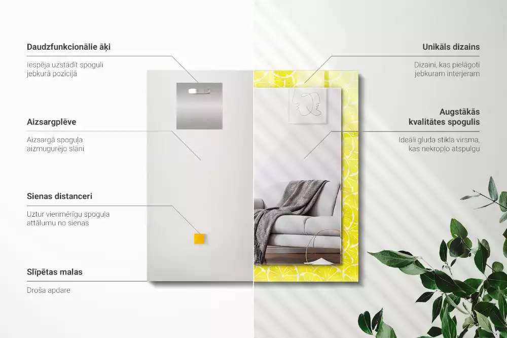Oglindă dreptunghiulară decorativă de perete cu model felii de lămâie