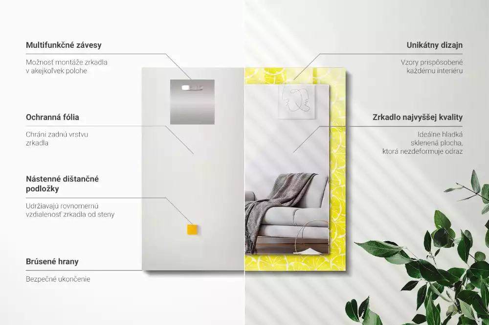Oglindă dreptunghiulară decorativă de perete cu model felii de lămâie