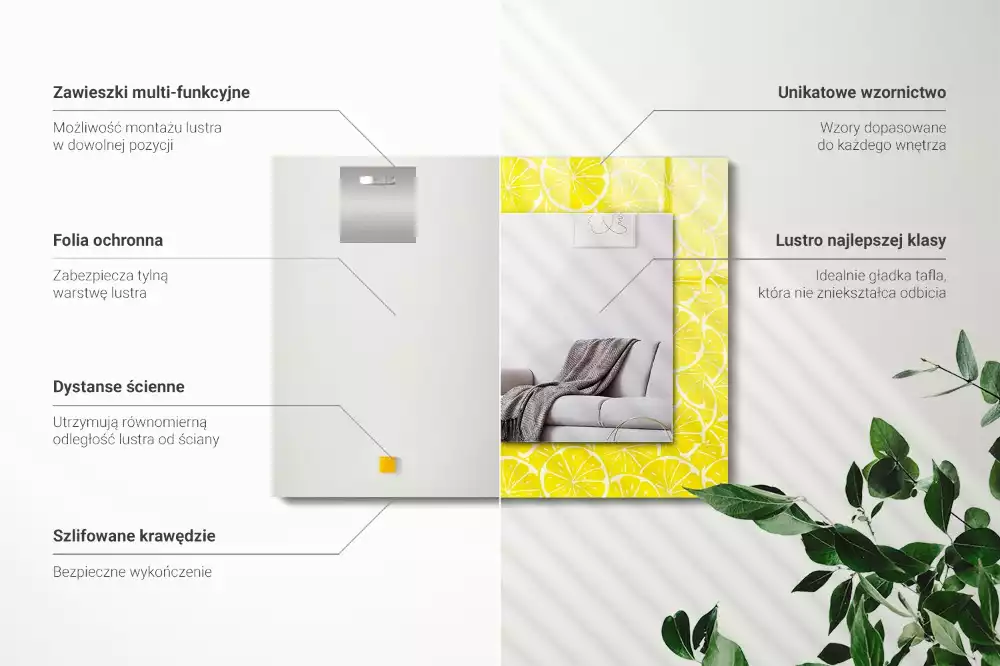 Oglindă dreptunghiulară decorativă de perete cu model felii de lămâie