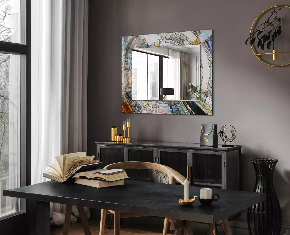 Oglindă dreptunghiulară cu ramă decorată cu imprimeu mozaic abstract de cercuri