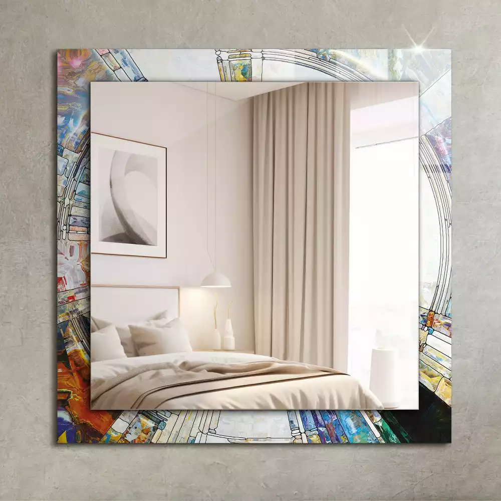 Oglindă dreptunghiulară cu ramă decorată cu imprimeu mozaic abstract de cercuri