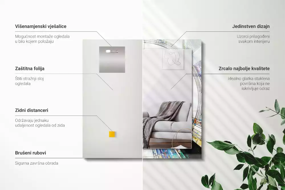 Oglindă dreptunghiulară cu ramă decorată cu imprimeu mozaic abstract de cercuri