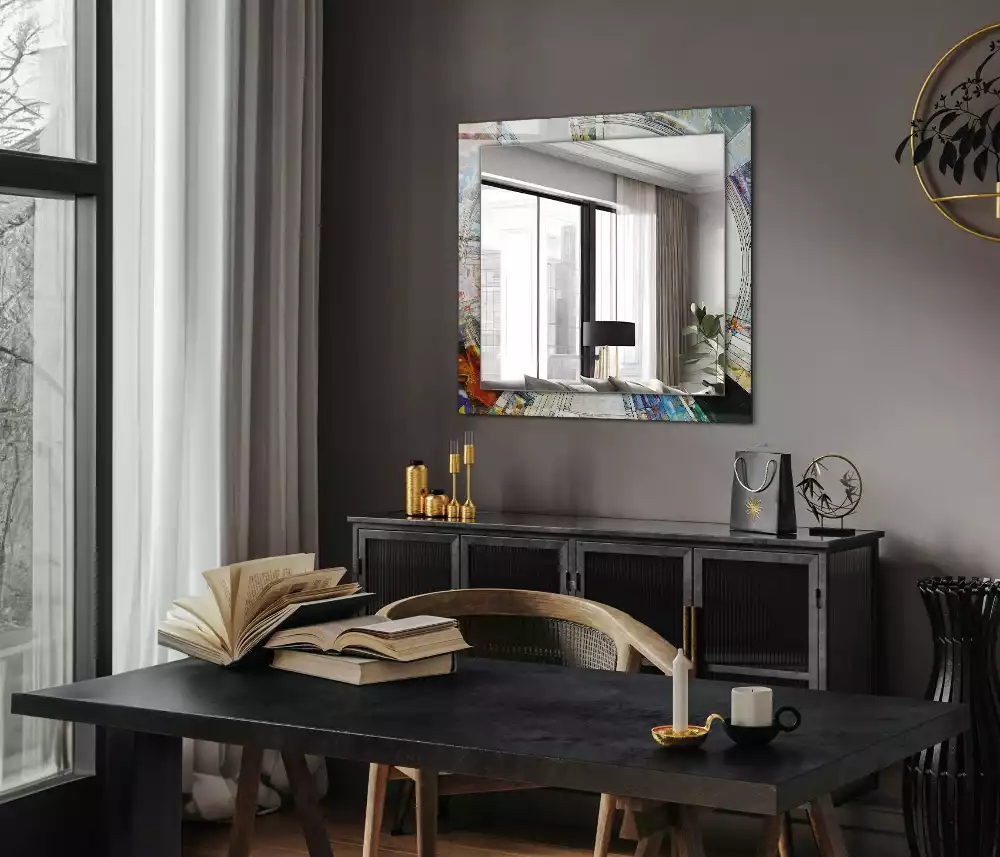 Oglindă dreptunghiulară cu ramă decorată cu imprimeu mozaic abstract de cercuri