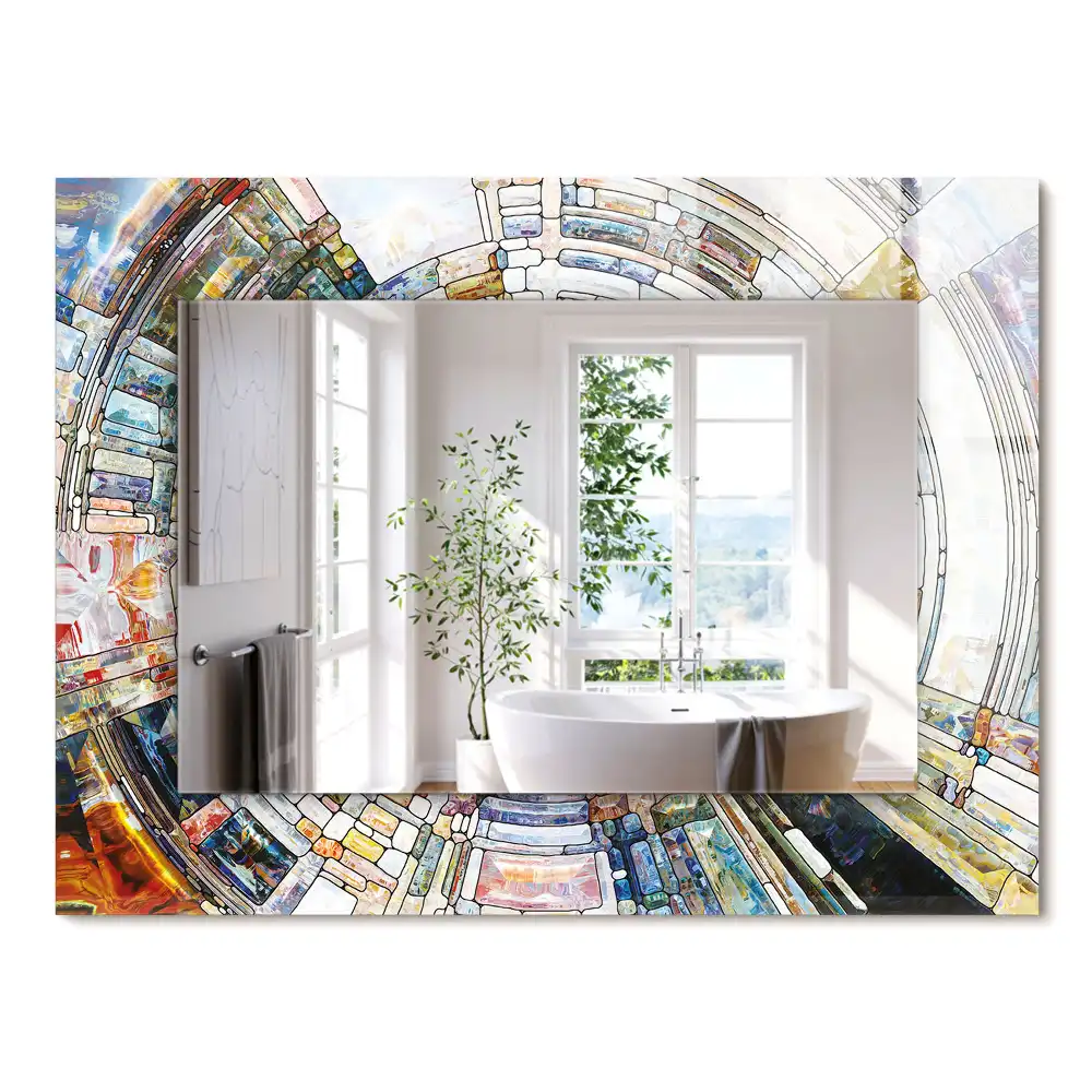 Oglindă dreptunghiulară cu ramă decorată cu imprimeu mozaic abstract de cercuri