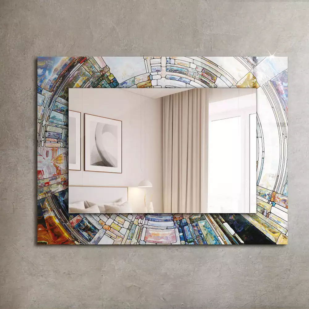 Oglindă dreptunghiulară cu ramă decorată cu imprimeu mozaic abstract de cercuri